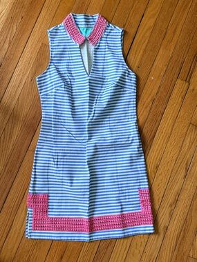 Sail to Sable Small Blue & White Striped Sleeveless Dress with Pink Trim-NWOT